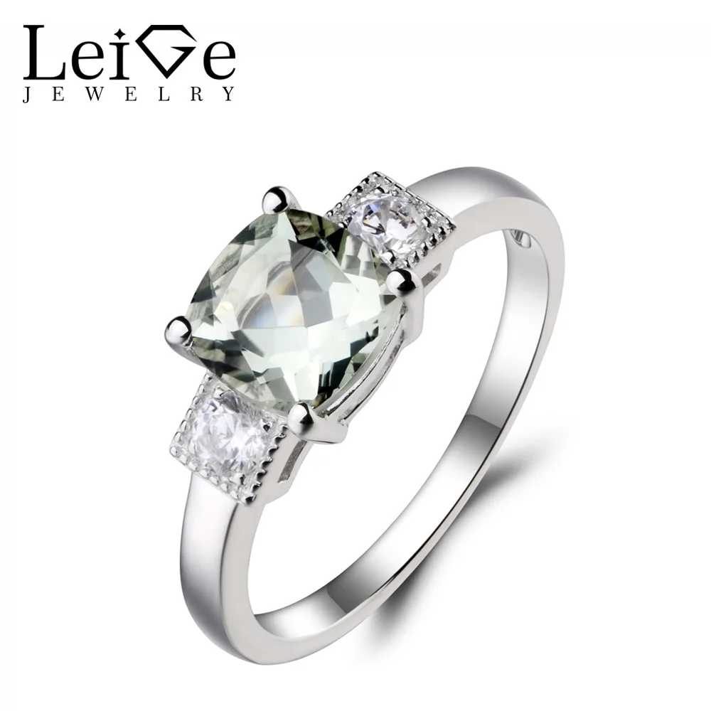 

Leige Jewelry Real Green Amethyst Ring Promise Ring Cushion Cut Gemstone 925 Sterling Silver February Birthstone Solitaire Ring