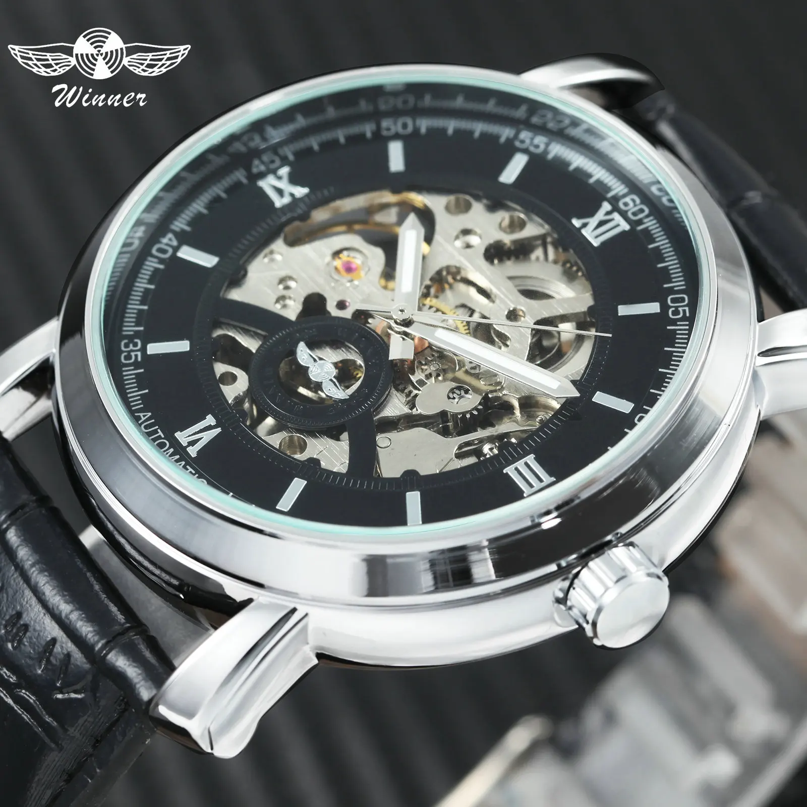 Победитель 2018 модное платье Авто механические часы кожаный ремешок серебряный