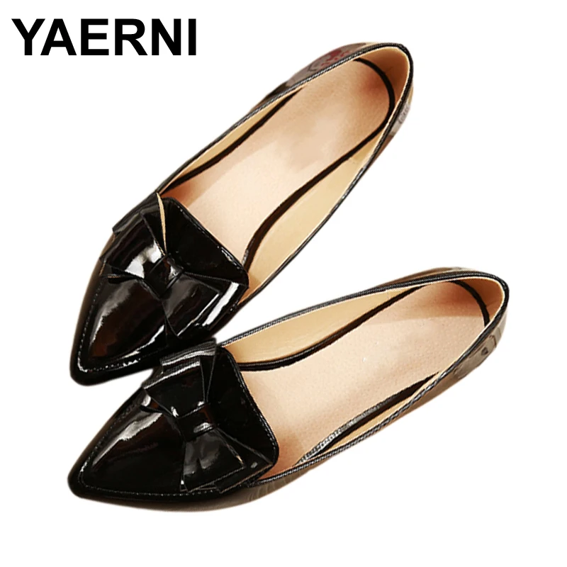 

YAERNI Woman Shoes butterfly knot flats Loafers pointed toe Slides Patent leather Slip on sandals big size Black apricot pink