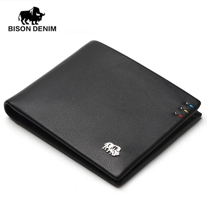 Мужской кошелек BISON DENIM черный тонкий из натуральной кожи с отделением для ID и