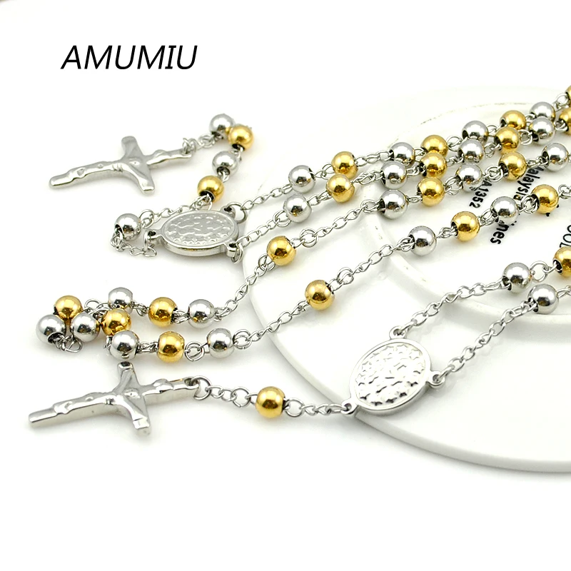 AMUMIU Модные 8 мм Ожерелье Браслет наборы золотого цвета из нержавеющей стали четки