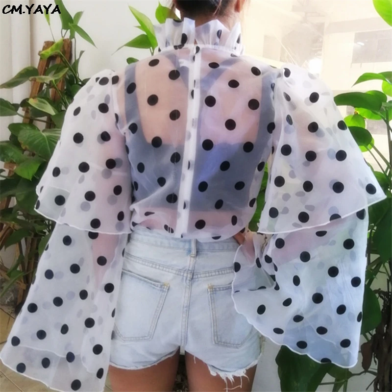 2019 new women summer dot print ruffles cascading flare sleeve transparent blouses &amp shirts top streetwear shirt GL15030 | Женская