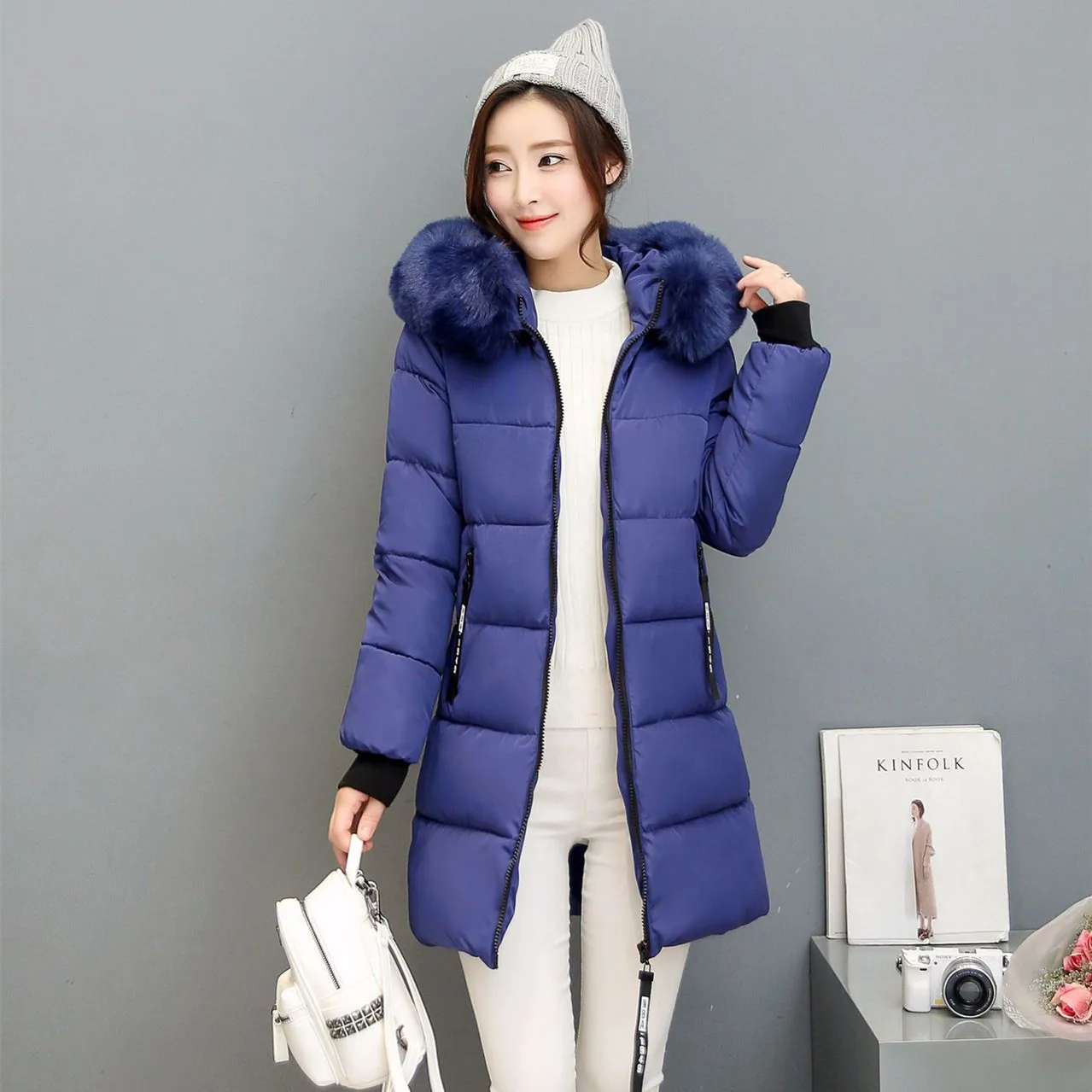 Denim Blue Модная женская зимняя куртка с меховым воротником, теплое Женское зимнее пальто с капюшоном, длинная парка, верхняя одежда, Camperas - Цвет: Denim Blue