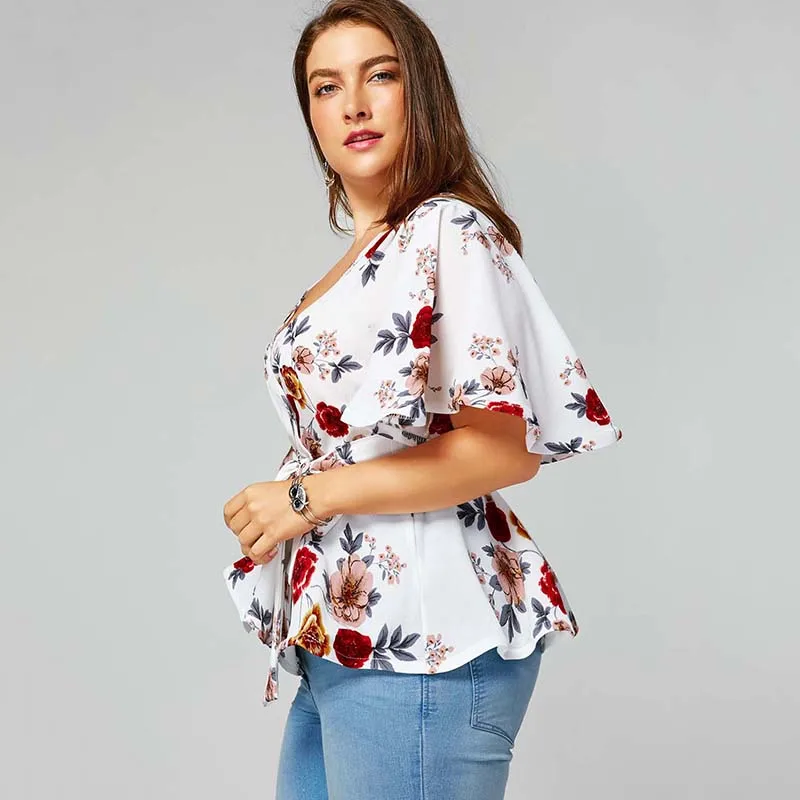 PlusMiss плюс размеры 5XL Цветочный Принт поясом баски Блузка для женщин Лето V