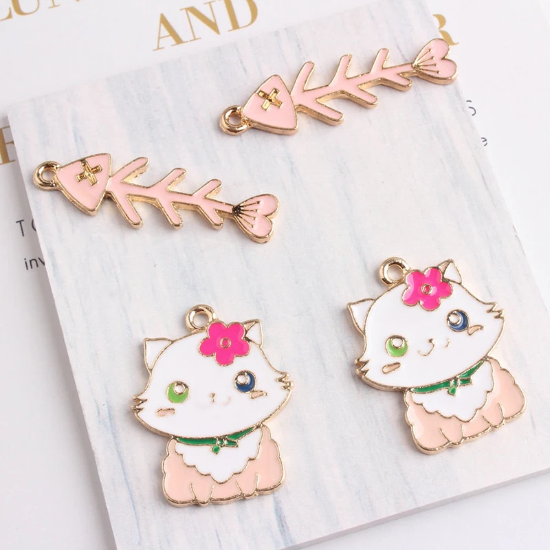 10 шт. розовый Кот Рыбья Кость Эмаль браслет Fit DIY падение кулон с маслом
