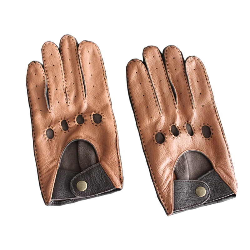 Fashion Men Genuine Leather Gloves  Belt Button Breathable Sheepskin Male Mittens For Autumn Warm Outdoor Non-slip Driving Glove