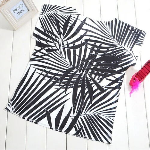 EAST KNITTING 2003 New Style 2015 Leaf Printing Women T-shirt Round Collar SlimTop For Drop Shipping | Женская одежда