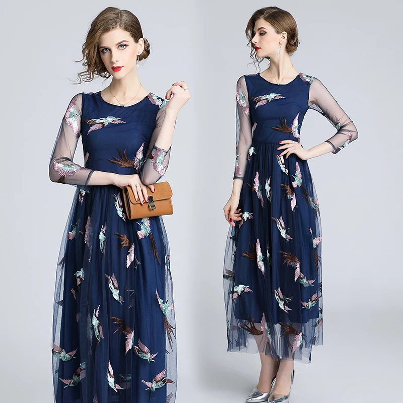 Подиум дизайн тюль кружево Vestidos Verano марля вышивка платье с Фениксом элегантная