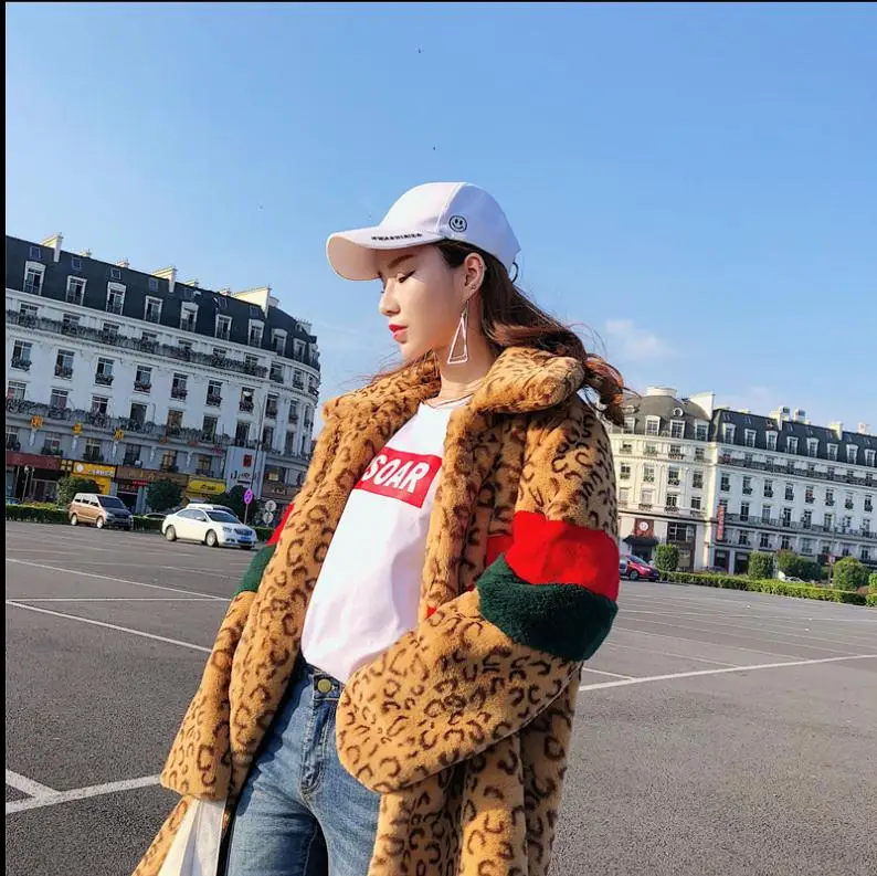 

Womens Winter Autumn Long Section Lepoard Fake Fur Outwears Patchwork Casual Female Fake Fur Jackets Coat Abrigo Mujer J2562