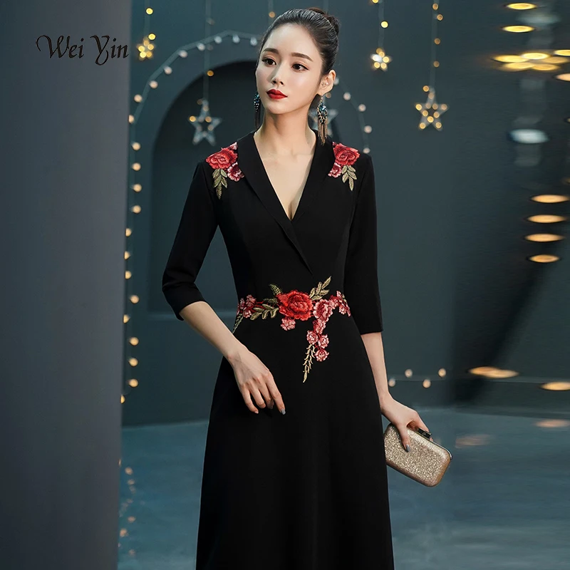 Weiyin 2019 черные элегантные вечерние платья с вышивкой Вечерние Длинные стильные женские для выпускного