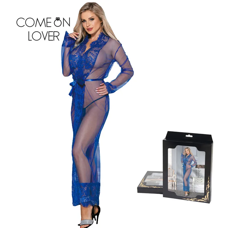 Long Sleepwear Gown Long Sleeves Mesh Robe Chemise Femme Transparent Sexy Lace Lingerie Robe Embroidery Bridal Dressing Gown