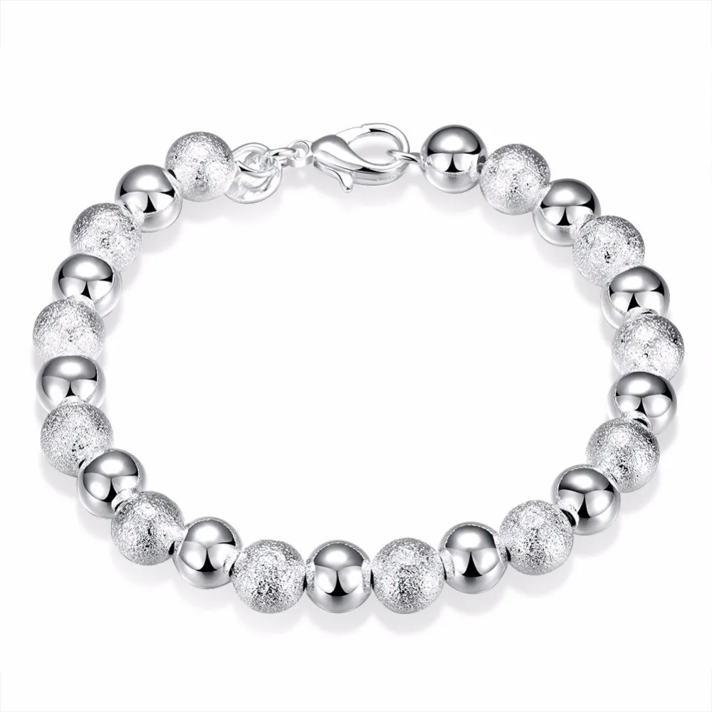 

8mm Beaded 925 stamp silver color Bracelets Bangle For Women Trendy Fine Jewelry Wholesale Mens Silver Cuff Bracelet Pulsera