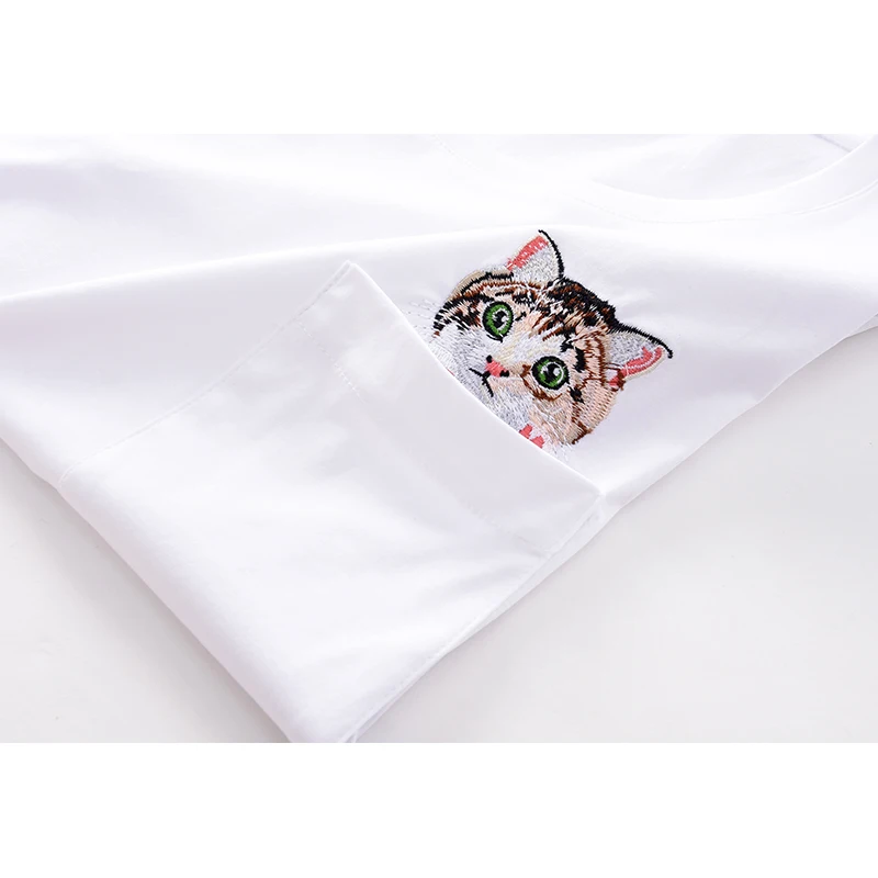 YOYOCATHY White Short Sleeved T-shirt Women 100% Cotton Loose Bottom Coat Kitten Embroidery With Mercerized Chemise Femme | Женская