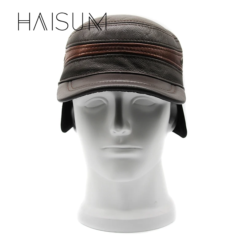 

Gorras Winter Military Hats Haisum Genuine Leather Men's Military Cap Hat Best Quality Dad Cowhide Adult Solid Adjustable Cs36