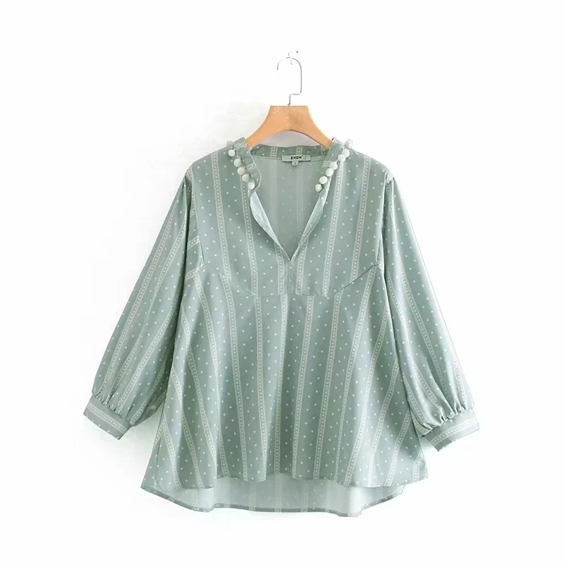 Summer Women Embroidery Shirt V-Neck Blouses Casual Korean Female Long Sleeve Shirts Ladies Tops with Decorative Ball |