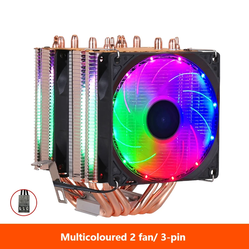 Multicoloured 2 fan Процессор радиатор Высокое качество 6 тепловой трубы двойная башня охлаждения 9 см вентилятор RGB поддерживает 3 вентилятора 3PIN Процессор вентилятор для Intel и для AMD - Цвет лезвия: Multicoloured 2 fan