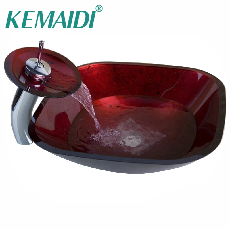 Смеситель для раковины KEMAIDI с красным хромированным краном и стеклянной