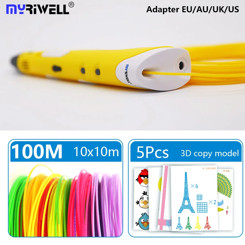 yellow pen 100m Myriwell 3d Ручка 3d Ручка для печати rp-100a ручка для рисования с 20 цветными ABS нитями 3 D ручка Бесплатный узор и подставка для ручки Быстрая - Цвет: yellow pen 100m