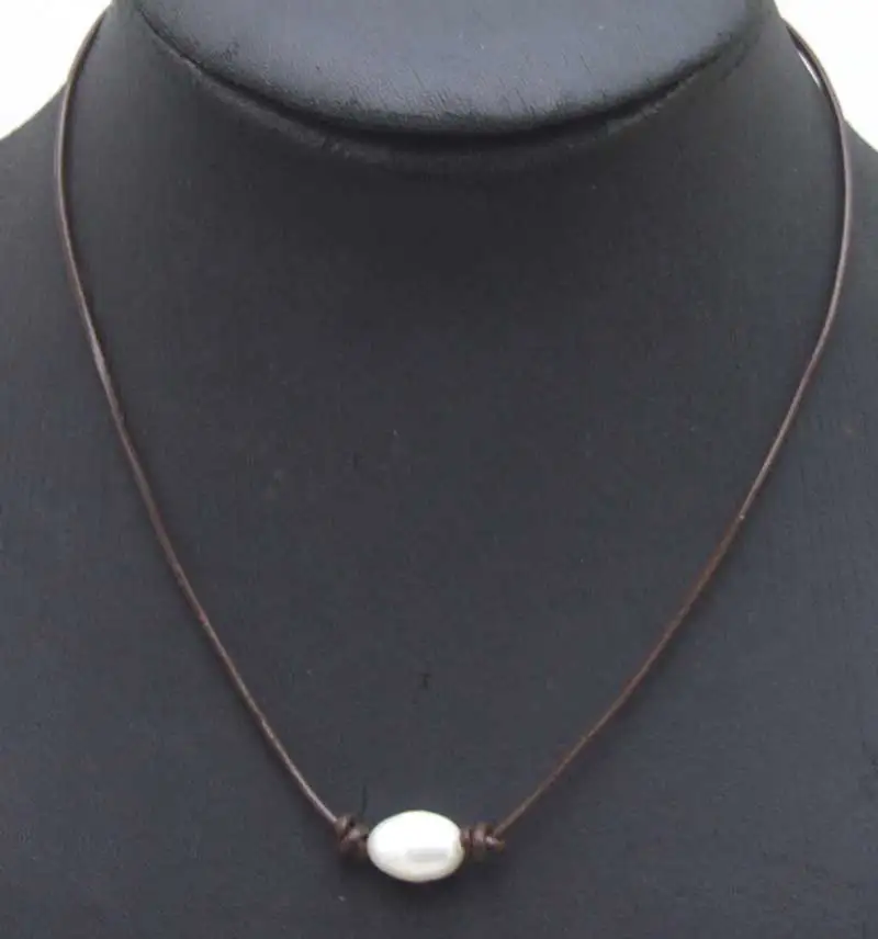 SALE Big 10-11mm White Rice Natural Freshwater Pearl Necklace 18&quot with brown Genuine Leather-5895 Wholesale/retail Free ship | Украшения