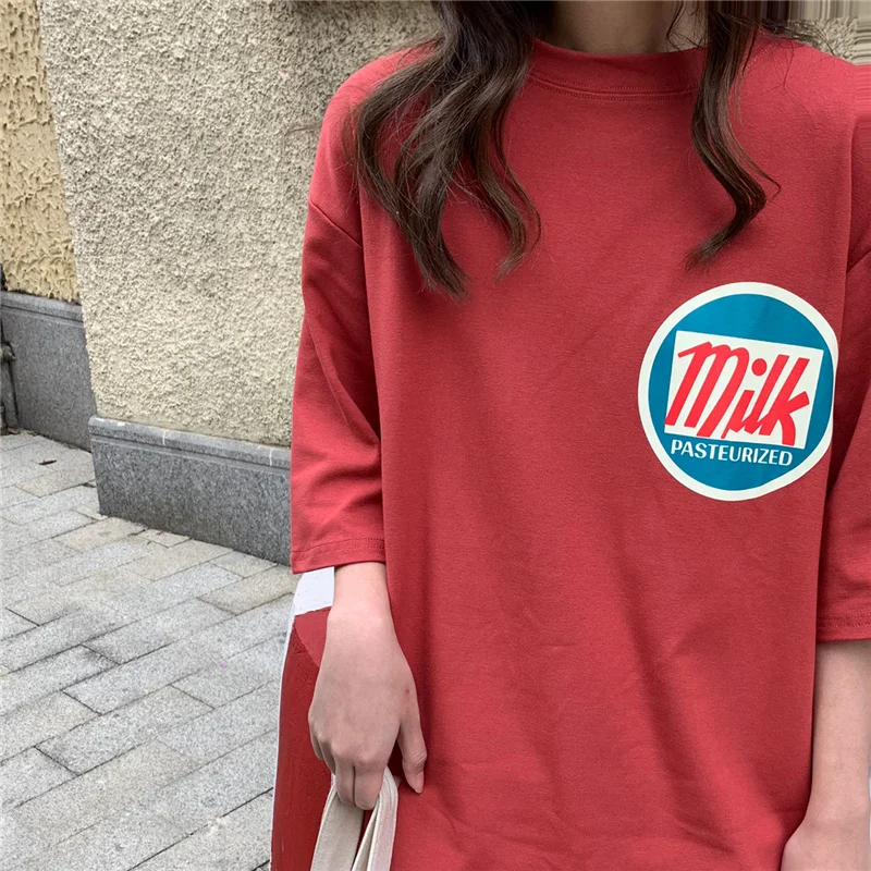 Женские футболки Харадзюку с принтом молока Kawaii BF Одежда Для Пар Унисекс свободная Длинная летняя футболка Топ Женская футболка корейский стиль тренд