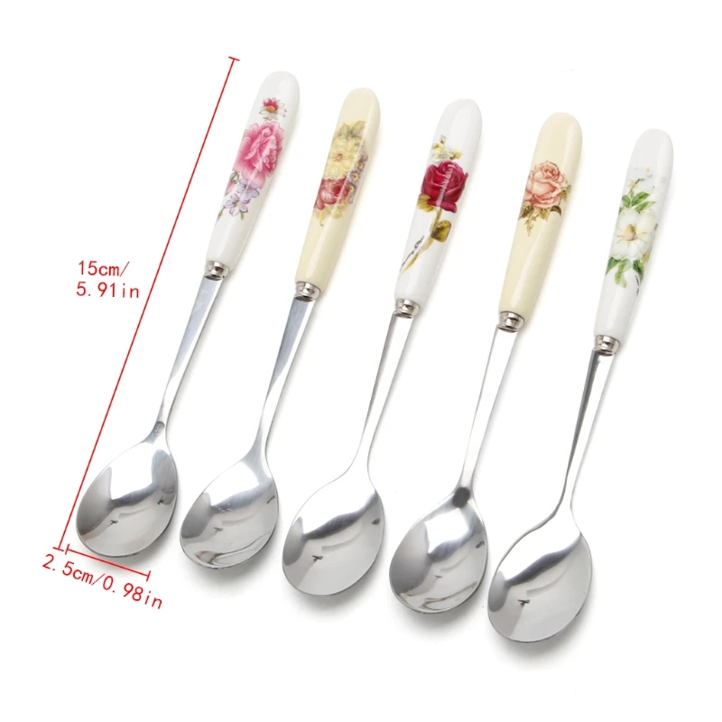 

Ceramic Handle Spoon Stainless Steel Dessert Coffee Spoons Ice Cream Teaspoon