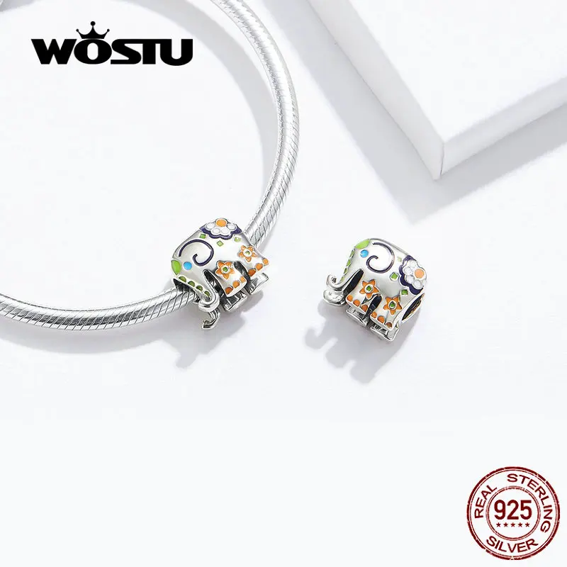 WOSTU 925 Sterling Silver Colorful Happy Elephant Beads Enamel Charms Fit Original Bracelet Pendant Fashion Jewelry Gift FNC095 | Украшения