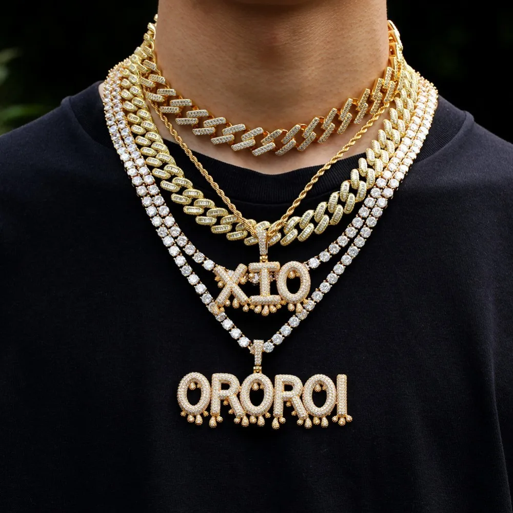 Uwin Custom Words Name Pendants Dripping Bubble Initial Letters With 4mm CZ Tennis Chain Pendant Full Gold Color Iced Jewelry