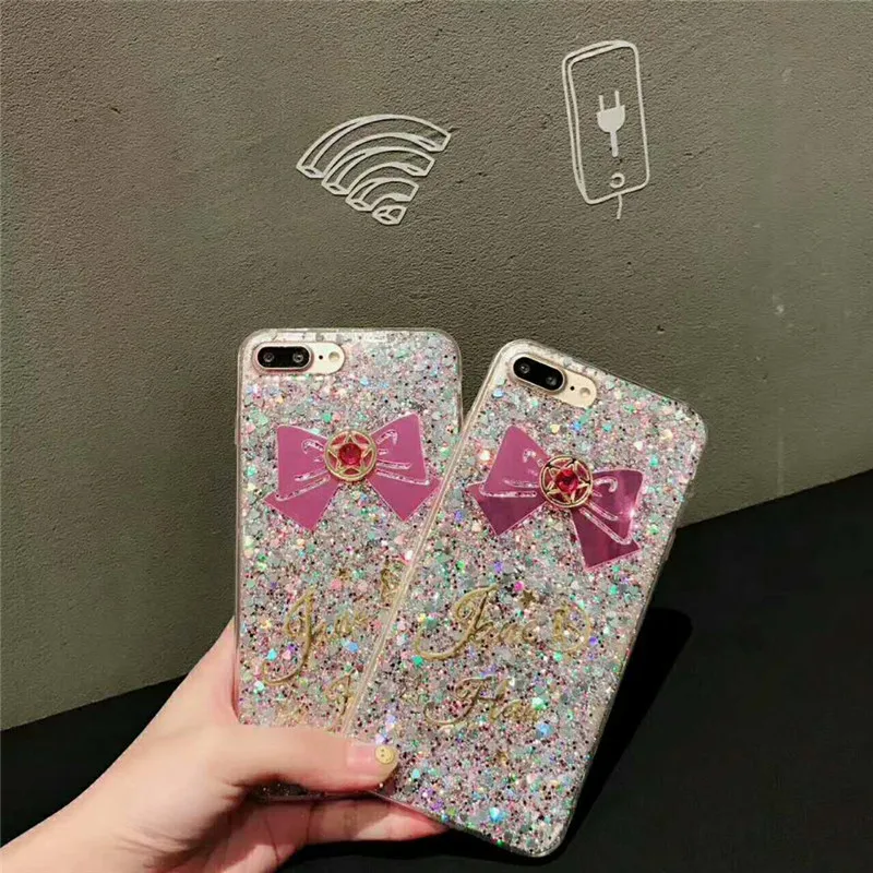 Ayeena Phone Case For iPhone 7 8 Shinning Glitter Bling Love Heart Bow Back Cover Capa Coque iPhone7 6 6s Plus X Fundas Caja |