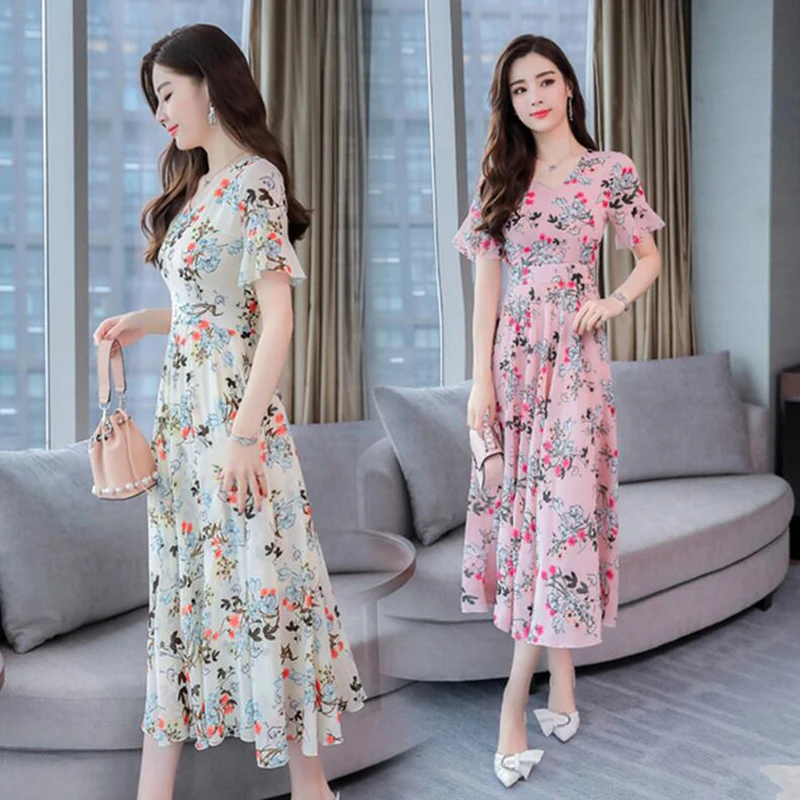 2019 летнее платье новый корейский модные женские туфли короткий рукав v образным
