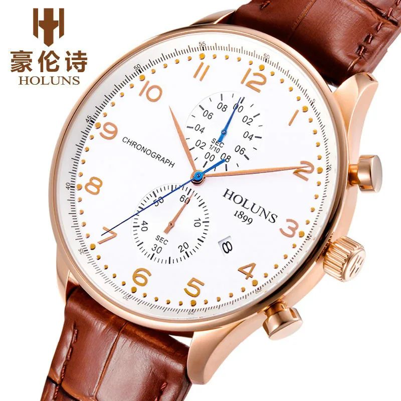 Brown Band HOLUNS, оригинальные мужские часы, люксовый бренд, хронограф, мужские, деловые, повседневные, кожаные, под платье, календарь, часы, Relogio Masculino - Цвет: Brown Band