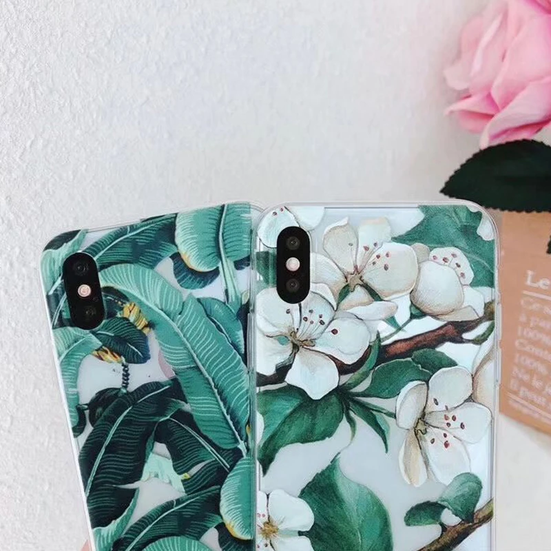 WOTP Summer Banana Leaf Daisy Flowers Soft TPU Phone Case For iphone X 6 6S 7 8 Plus Cute Cartoon cape jasmine flower Back Cover |