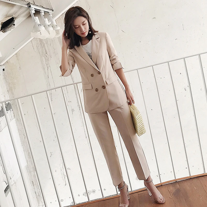 Elegant Double Breasted Women Pant Suit Slim Blazer &amp Elastic Waist Pencil OL Style 2 Pieces Set 2018 Autumn | Женская одежда