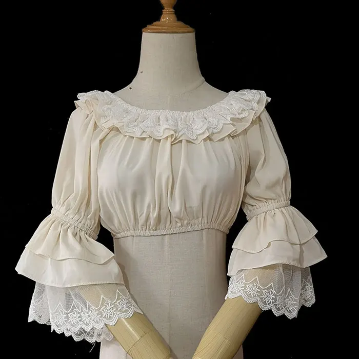 

Women's Loose White Short Chiffon Blouse Sweet Flare Sleeve Ruffled Blouse Top with Ruffles by Infanta
