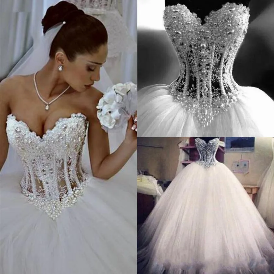 Luxury Wedding Dresses 2017 With Pearl Beads Unique Arabic Bridal Gowns Sweetheart White Tulle Princess | Свадьбы и торжества