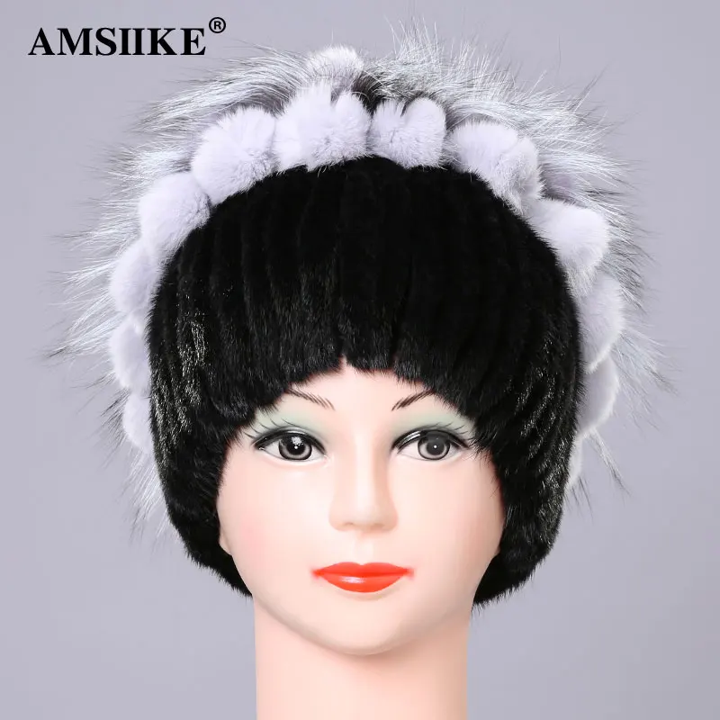 AMSIIKE Меховая шапка из Норки для Женщин Бубон из Бобра с Чернобуркой DM2170