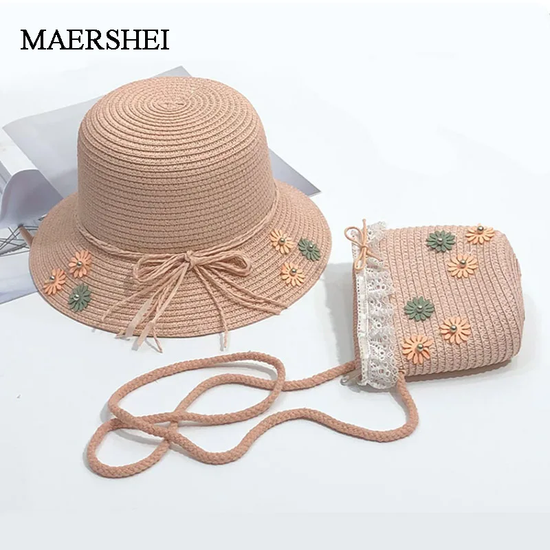 

Соломенная шляпа от солнца MAERSHEI для маленьких девочек, модная милая детская пляжная шляпа с цветочным бантом, детская шапка, комплект с мале...