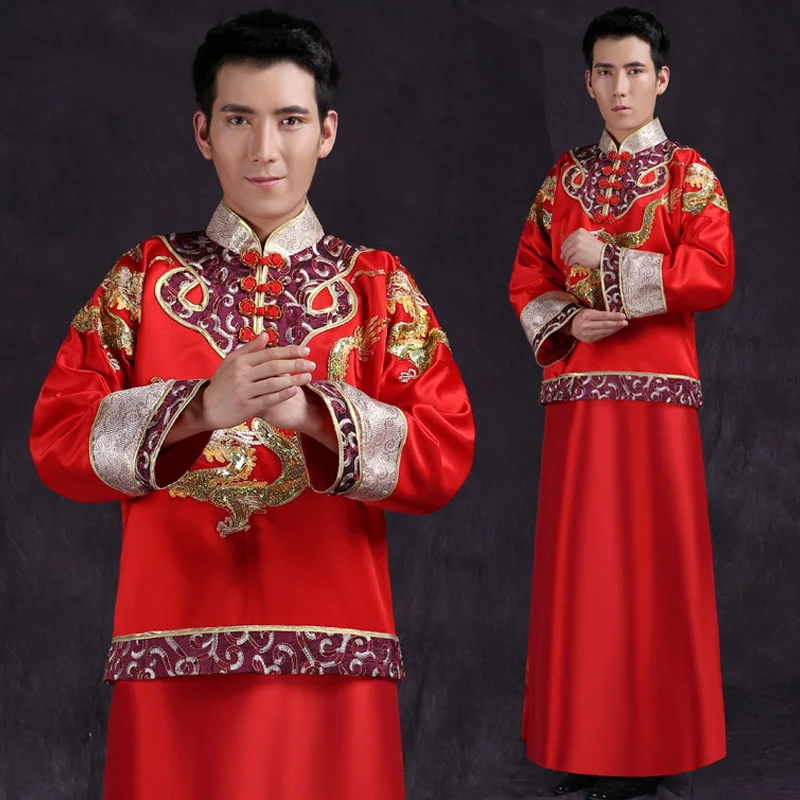 

Formal long robe tang suit Men's Vintage hanfu chinese style tang suit wedding clothes embroidery robe mariage peignoirs costume