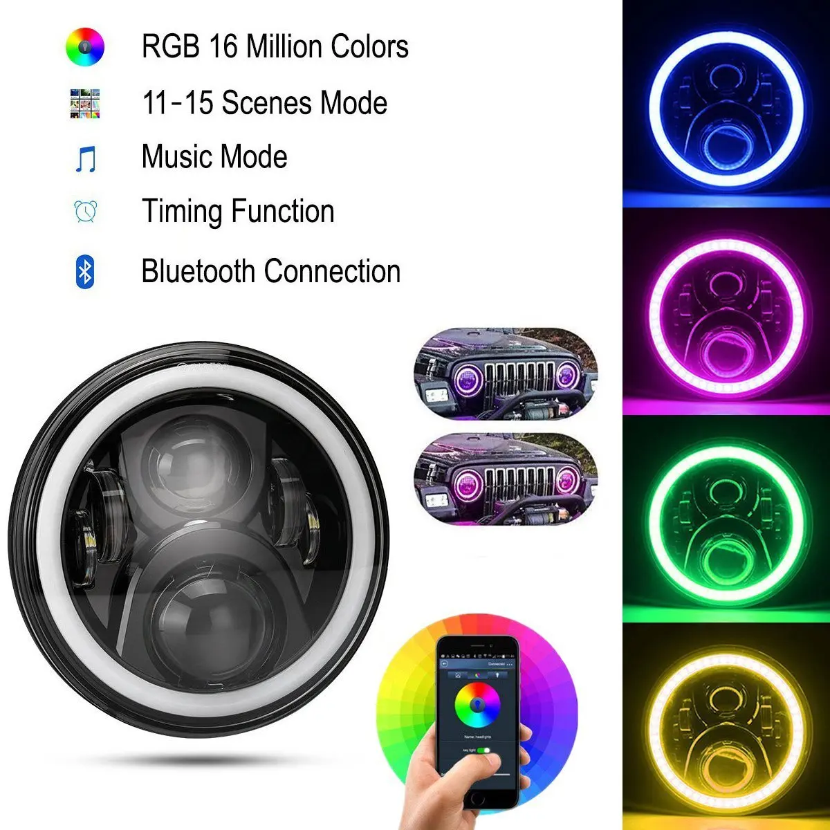 7 дюймовый светодиодный RGB круглые фары с передние ангельские глаза гало кольца