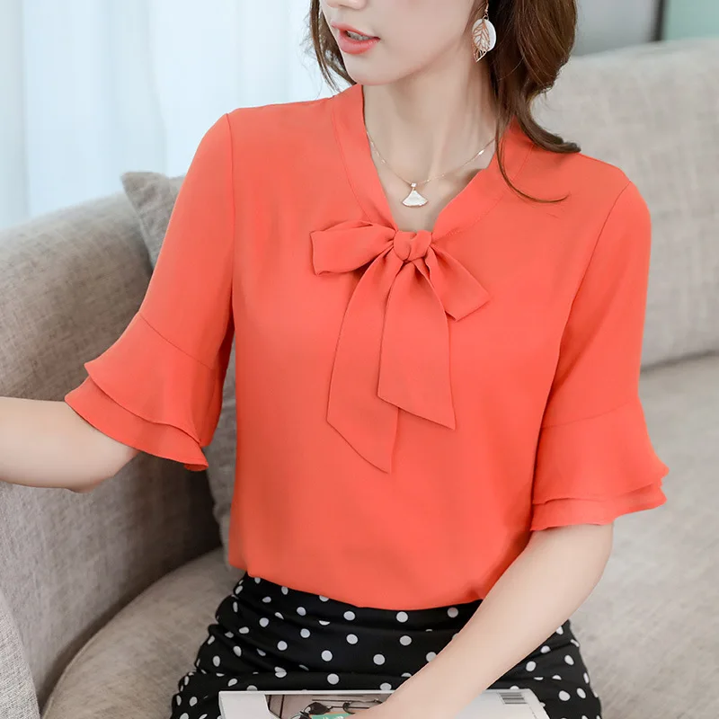 

Womens Tops Bow Tie Neck Summer Chiffon Blouse Short Ruffles Sleeve Office Work Shirts Female 2019 Elegant Pink White Tops Blusa