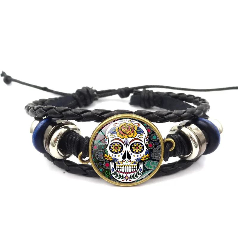 Punk Style Jewelry with Skull Pattern Glass Cabochon Multilayer Charm Leather Bracelet Bangle for Women Men Party Gift | Украшения и