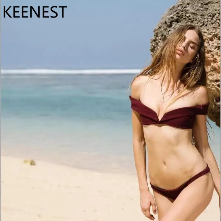 KEENEST Бикини красного вина женский купальник с низкой талией пуш ап бикини