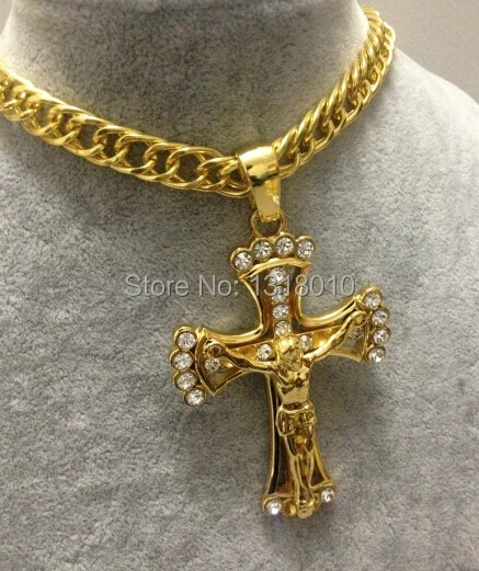 Новый Золотой Крест Иисуса Iced Out распятие горный хрусталь кулон хип хоп звено