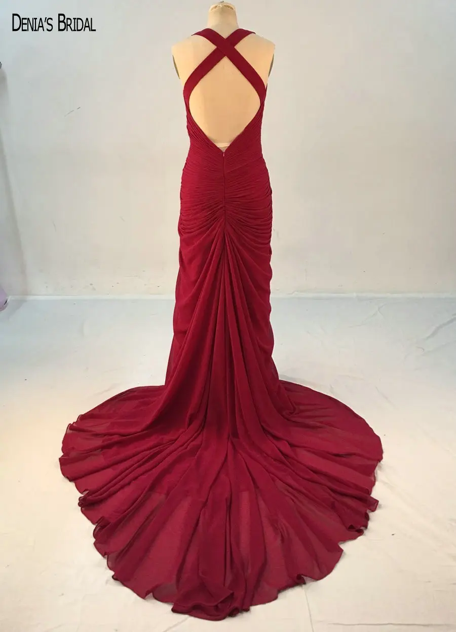 2017 Mermaid Red Chiffon Evening Dresses with V Neckline Sleeves Pleats Floor Length Sweep Train Party Prom Gowns | Свадьбы и