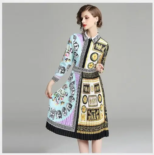 Women Dress 2019 New Spring Turn Down Collar Contrast Color Printing Female Fashion Casual Long Sleeve Slim A-Line | Женская одежда
