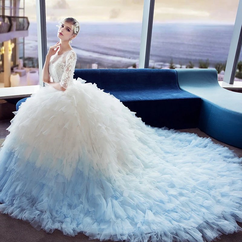 Luxury Ball Gown Wedding Dress Dubai Sexy Illusion Puffy Gowns Half Sleeves Colorful Royal Train Princess | Свадьбы и торжества
