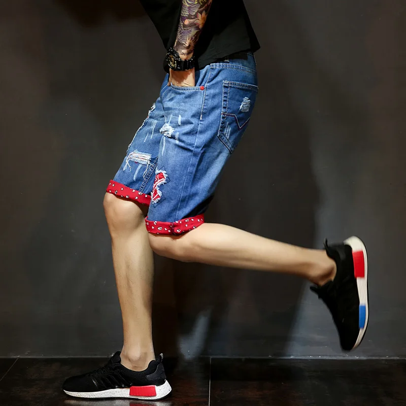 Случайные отверстия джинсовые шорты мужчины летом хлопковой прямые Дизайнеры