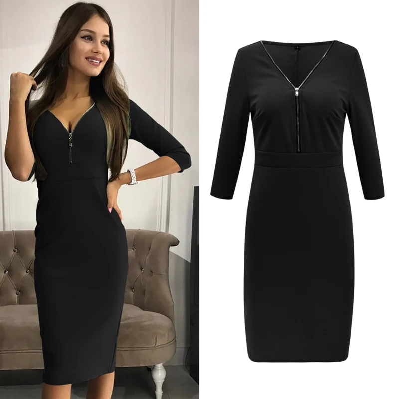 Повседневное платье на молнии с глубоким v-образным вырезом модное сексуальное в