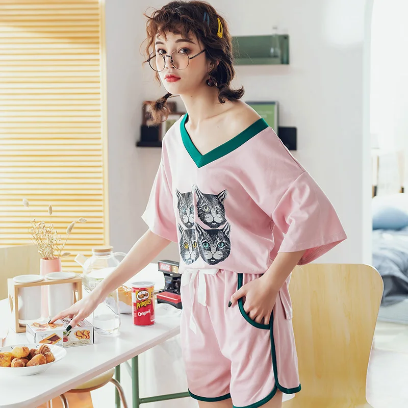 Пижамный комплект летний из 100% хлопка Женская милая рубашка с коротким рукавом и
