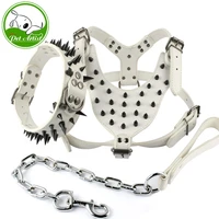 black spikes white leather dog harness collar and leash set heavy duty for boxer