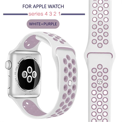 white purple Ремешок для Apple Watch 4, 3, 2, 1, ремешок 38 мм, 40 мм, силиконовый браслет 42 мм, 44 мм, ремешок из резины iwatch 4, 3, 2, ремешок, браслеты - Band Color: white purple